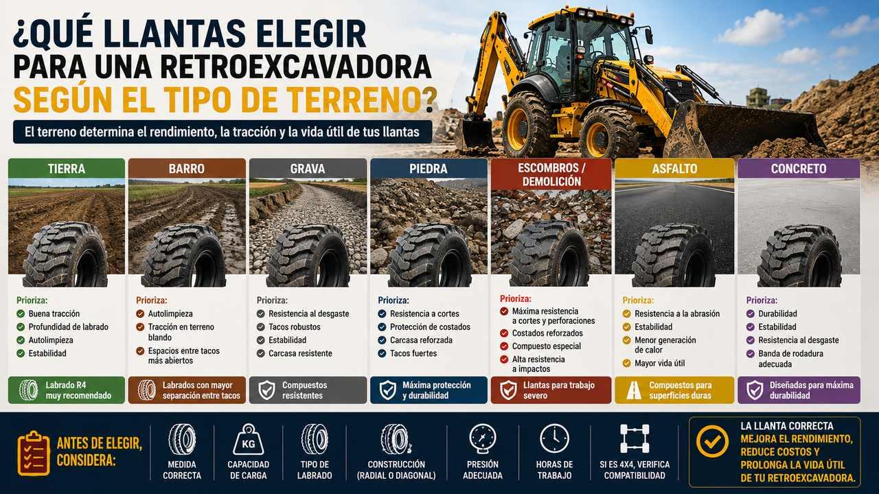 Que llantas elegir para una retroexcavadora segun el tipo de terreno