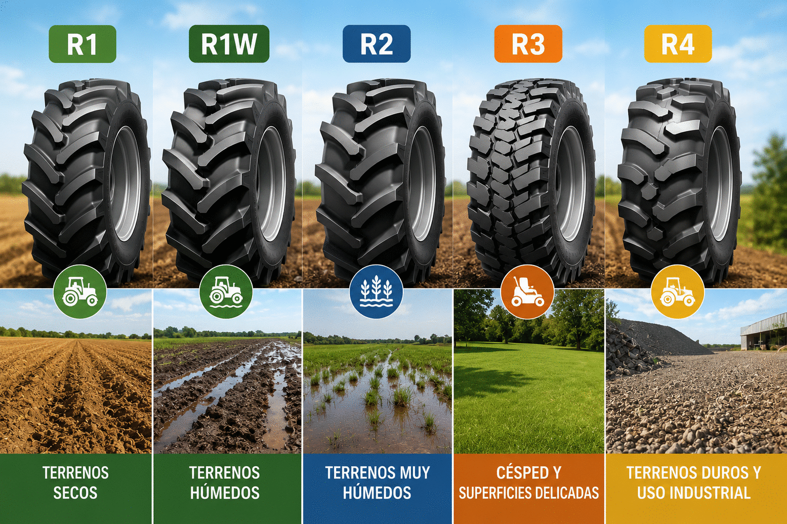 Qué significan los labrados R1 R1W R2 R3 y R4 en llantas agrícolas