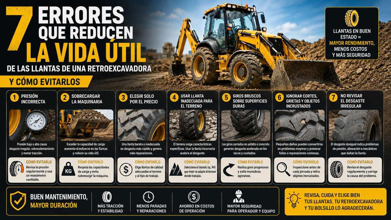 Siete errores que reducen la vida util de las llantas de una retroexcavadora y como evitarlos