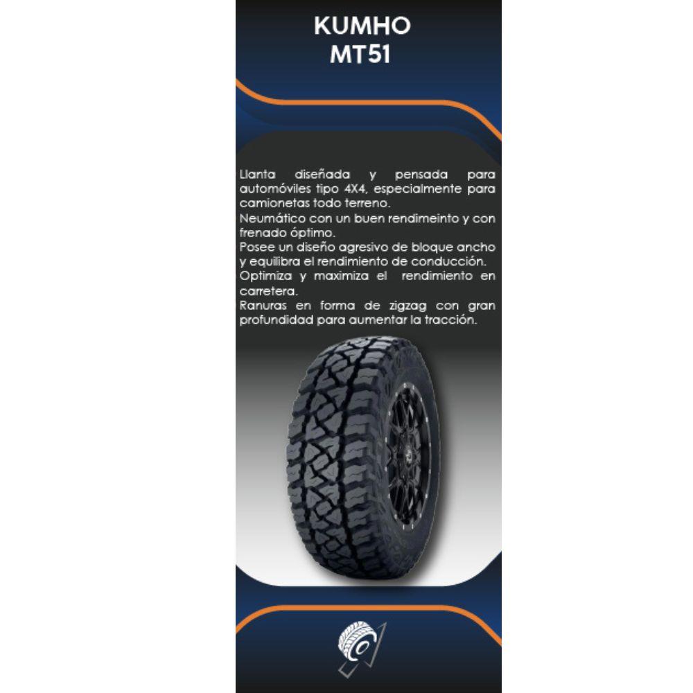 Especificaciones técnicas de LLANTA KUMHO TYRES MT51 235/75R15 PARA CAMIONETAS TODO TERRENO Ruedallantas Ecuador