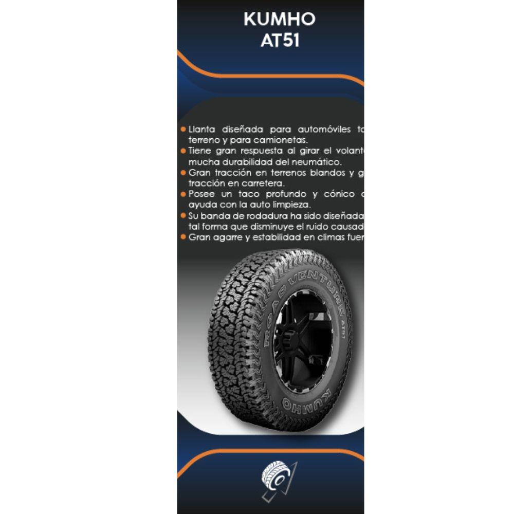Especificaciones técnicas de LLANTA KUMHO TYRES ROAD VENTURE AT51 30X9.50R15 PARA CAMIONETAS TODO TERRENO Ruedallantas Ecuador